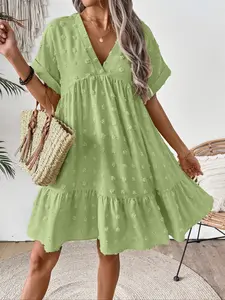 Women's Plain Ruffle Trim Dress, Elegant Fashion Casual V Neck Short Sleeve Dress for Daily Outdoor Wear, Ladies Dress for All Seasons Womenswear