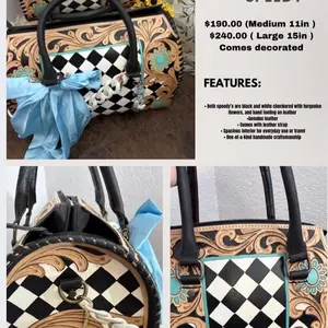 Large 15 in Leather Tooling Checkered Large Turquoise Speedy with Unique Checkered Design and Speedy Feature