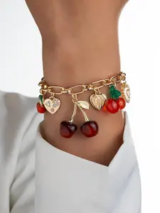 Cherry Heart Rhinestone Pendant Bracelet, Vintage Sweet Style Chain, Unique Design Versatile Jewelry, Daily Commute Date Gift
