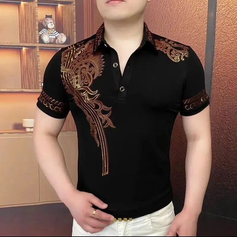 Men's Golden Wings Short-Sleeve Casual Polo Shirt, Menswear, Slim-Fit Turn-Down Collar, Versatile Trendy Business Style, Shortsleeve, Top