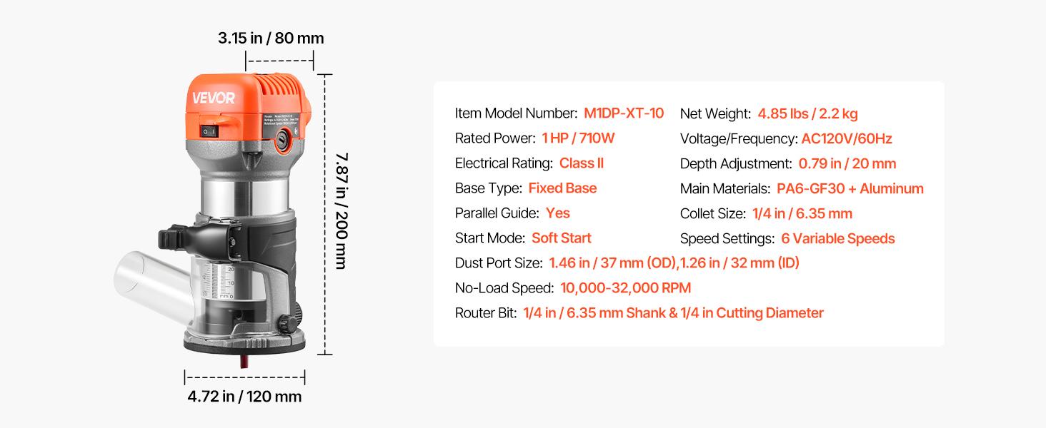 VEVOR Wood Router, 1 HP 710W, Variable Speed Palm Router Tool with Soft Start, Compact Wood Edge Trimmer with Fixed Base & 1/4-Inch Collet, Dust Hood, for Woodworking, Trimming, DIY Projects, Corded