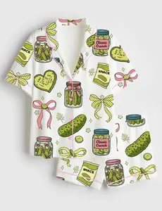 Women’s Coquette Pickle Satin Pajama Set Coquette Ribbon Cucumber Pattern, Short Sleeve Satin Pajamas, Summer Sleepwear Set, Pajama Sets Women, Comfortable Sleeping Clothes, long sleeve option, trendy soft sleepwear, cute coquette aesthetic pajamas