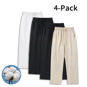 4-Pack Essential Cotton Linen Pants – High-Waisted Wide-Leg Drawstring Pants for Summer and Spring (Optional 4-Pack and 2-Pack)