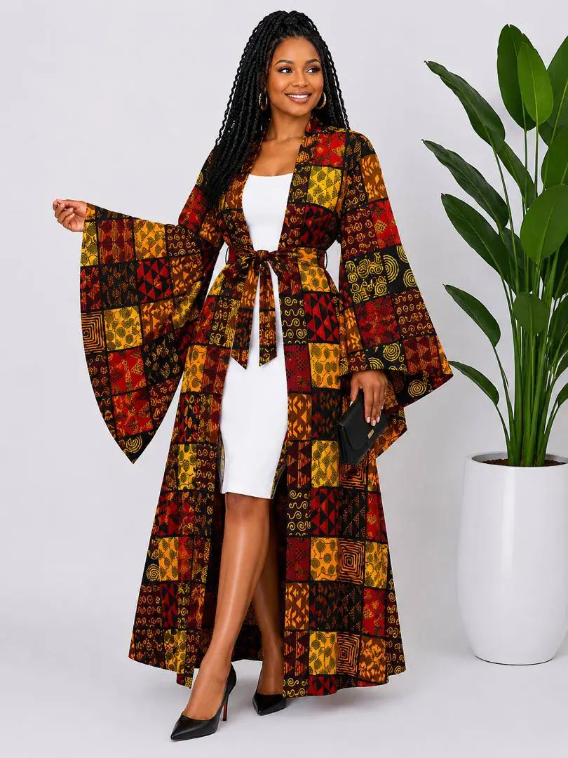 Women's Luxury African Print Ankara Long Kimono Cardigan, Easy to Style, Lightweight & Comfortable for Church, Brunch, Dinner Dates