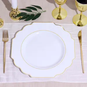 10 Pack White Hard Plastic Dinner Plates, Disposable Tableware, Baroque Heavy Duty Plates with Gold Rim 11"