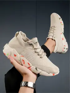 Women's Beige Knit Mesh Colorful Sole Breathable Sock-style Casual Sports Shoes
