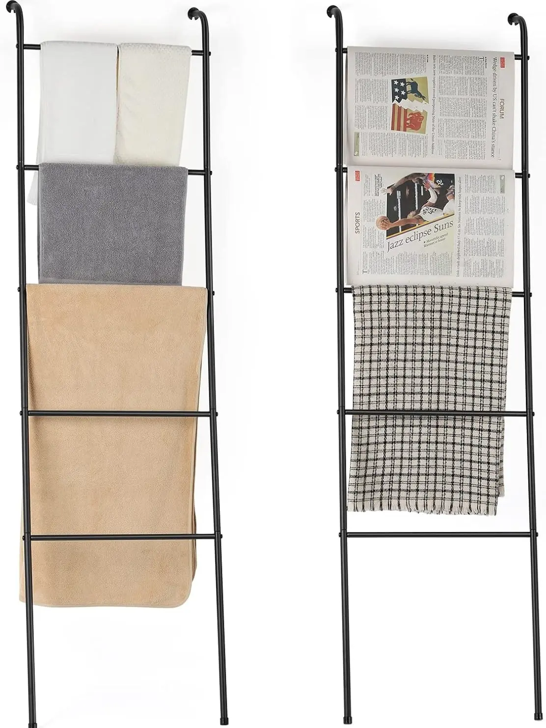 Black Metal Blanket Ladder Set of 2, Multi-Purpose Rack Holder for Living Room, Bathroom, Bedroom (Home Improvement Storage Solution)