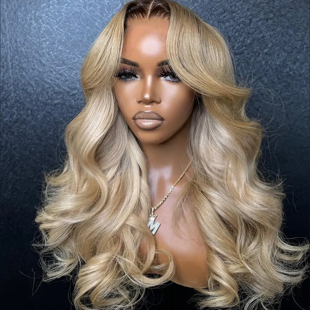 Brown Roots Ombre Ash Blonde Body Wave Drawstring Wig 13X6 HD Transparent Pre-Cut Lace Front Human Hair 180% Density For Woman Pre Plucked Glueless Ombre Blonde Colored Lace Frontal Wig