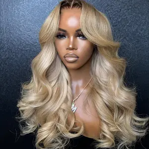 Brown Roots Ombre Ash Blonde Body Wave Wigs 13X6 HD Transparent Lace Front Human Hair 180% Density For Woman Pre Plucked Glueless Ombre Blonde Colored Lace Frontal Wig