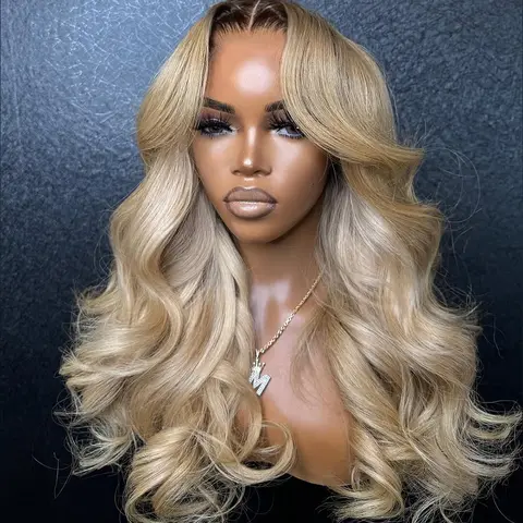 Brown Roots Ombre Ash Blonde Body Wave Drawstring Wig 13X6 HD Transparent Pre-Cut Lace Front Human Hair 180% Density For Woman Pre Plucked Glueless Ombre Blonde Colored Lace Frontal Wig