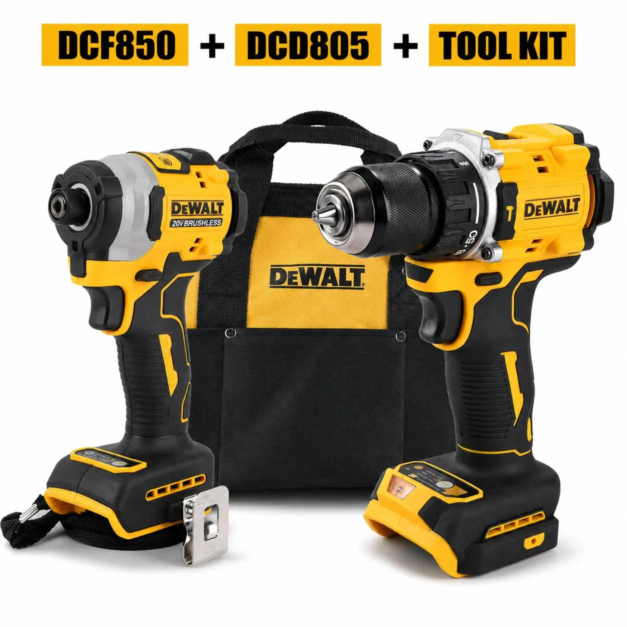 DEWALT 20V XR Brushless Cordless Combo Kit - Versatile Drill/Driver Set (DCF850 Impact Driver + DCD805 Hammer Drill), Bare Tools (No Battery Included) for Construction, DIY Projects