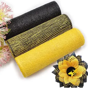 3 Rolls Poly Burlap Deco Mesh -10 Inch Wide Deco Poly Decorative Mesh Ribbon Wrapping Ribbon Rolls for Home Door Wreath Decoration DIY Crafts Making (Black, Yellow, Black and Yellow)