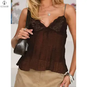 Women Y2k Babydoll Tank Tops Lace Trim V Neck Crop Cami Spaghetti Strap Peplum Top Summer Cute Aesthetic Flowy Shirts