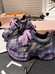 Women's Vintage Rhinestone Lace-Up Chunky Sole Dad Shoes, New Short Height Increase Casual Sports Sneakers for Women