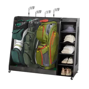 Wooden Golf Bag Storage Rack with 3 Drawers, Holds 2 Stand Bags & 14+ Clubs, Organizer for Golf Balls, Shoes & Accessories, Heavy Duty for Garage, Indoor Outdoor Use, Easy Assembly