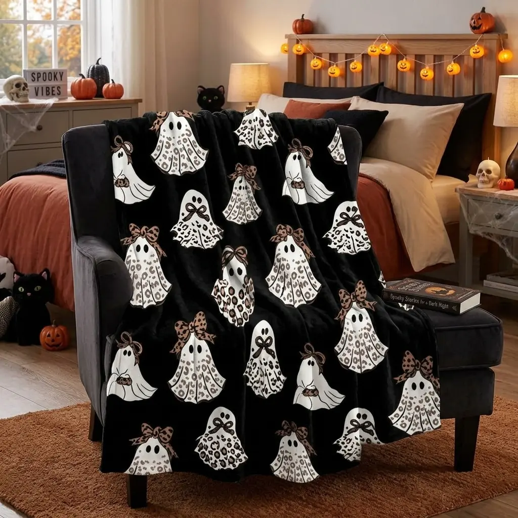 Spooky Halloween Leopard Ghost Blanket, Brown Cheetah Print Flannel Fleece Throw, Cozy Wrinkle Resistant Western Boho Home Decoration, Versatile Blanket for Adults & Baby, Halloween & Birthday Gift