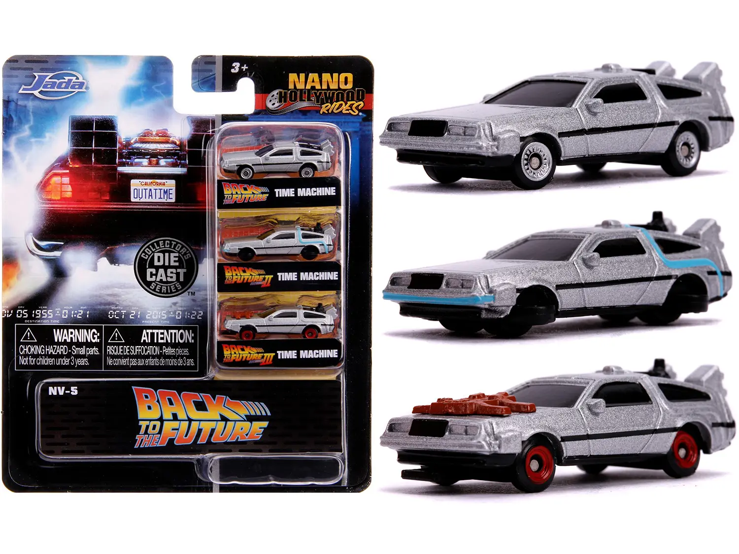 "Back to the Future" Time Machine Set  of 3 pieces "Nano Hollywood Rides" Diecast Model Cars by Jada