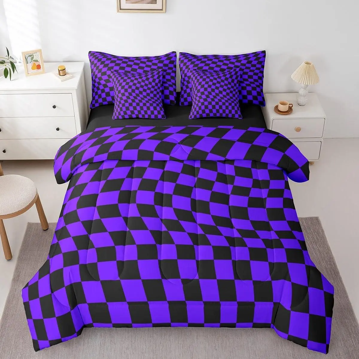 7-Piece Queen Checkerboard Comforter Set - Geometric Plaid, Abstract Art Reversible All-Season Decorative Microfiber Bedding in a Bag, Decorative Bedding Set, Microfiber Bedding Set