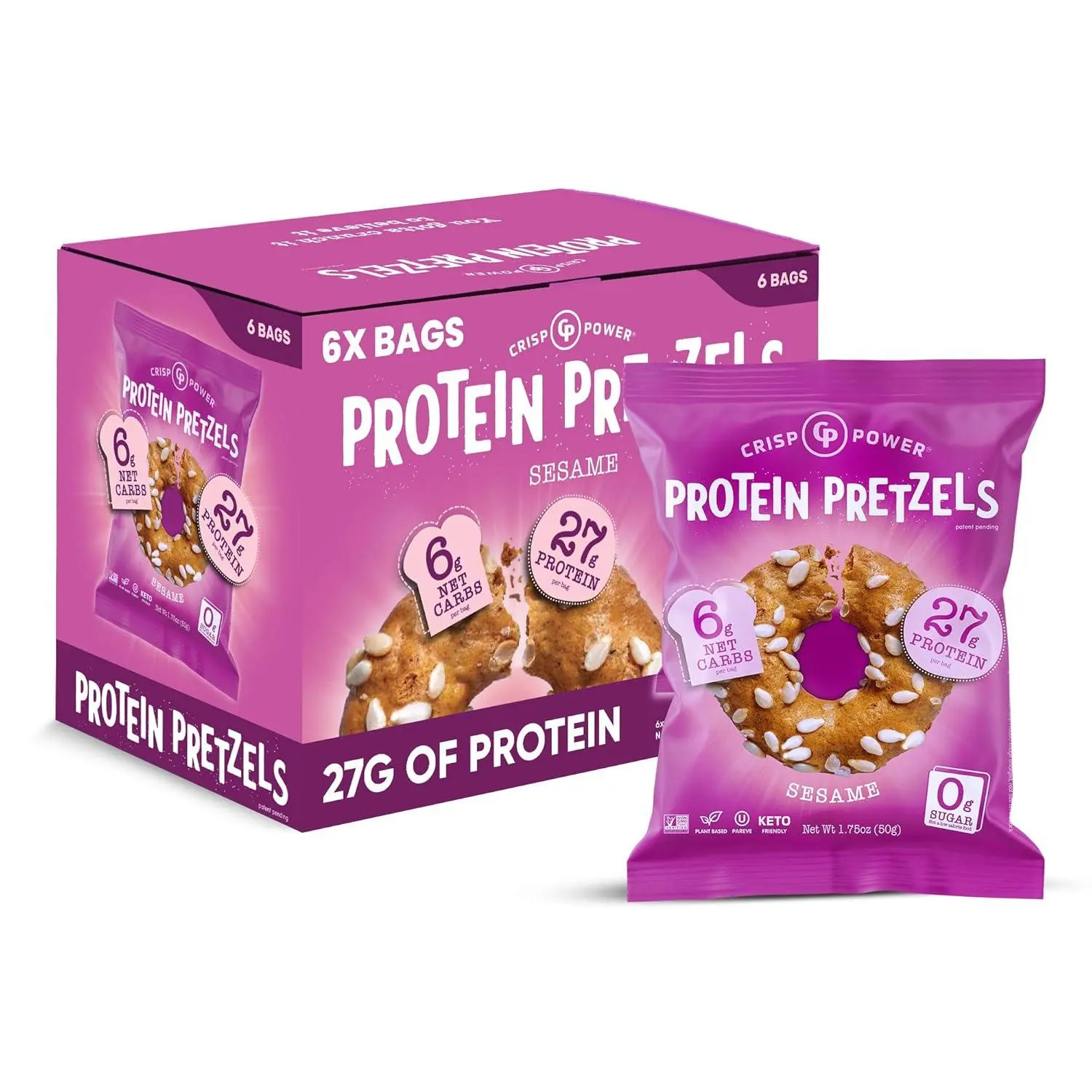 Crisp Power Protein Pretzels SESAME Flavor 1.75 oz 6 ct