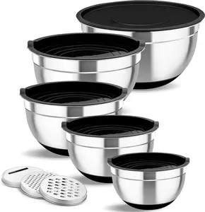 Stainless Steel Mixing Bowls Set of 5 with Airtight Lid & 3 Grater Attachments for Salad Mixing Food Storage Healthy Non-slip Bottom 4.6/3.5/2.5/1.5 QT