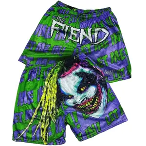 Purple and green color clash, terrifying ugly monster Gym Shorts Men's Full Print Mesh Shorts With Four Pockets Valentine's Day Gift Couple