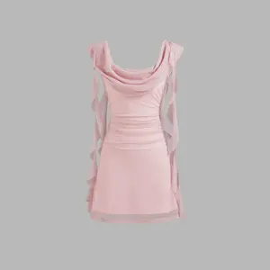Cider [size 0-10] Mesh Cowl Neck Solid Ruffle Hem Ruched Mini Dress