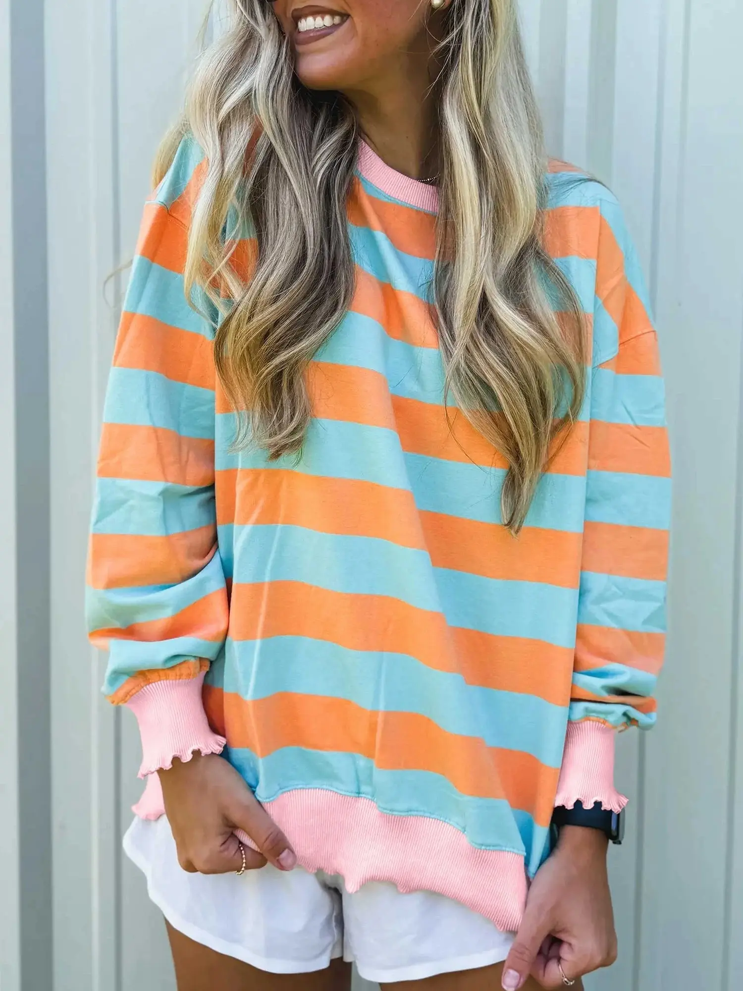 Women's Color Block Striped Crewneck Sweatshirt, Casual Oversized Long Sleeve Pullover Top for Weekend, Vacation, Travel & Everyday Wear