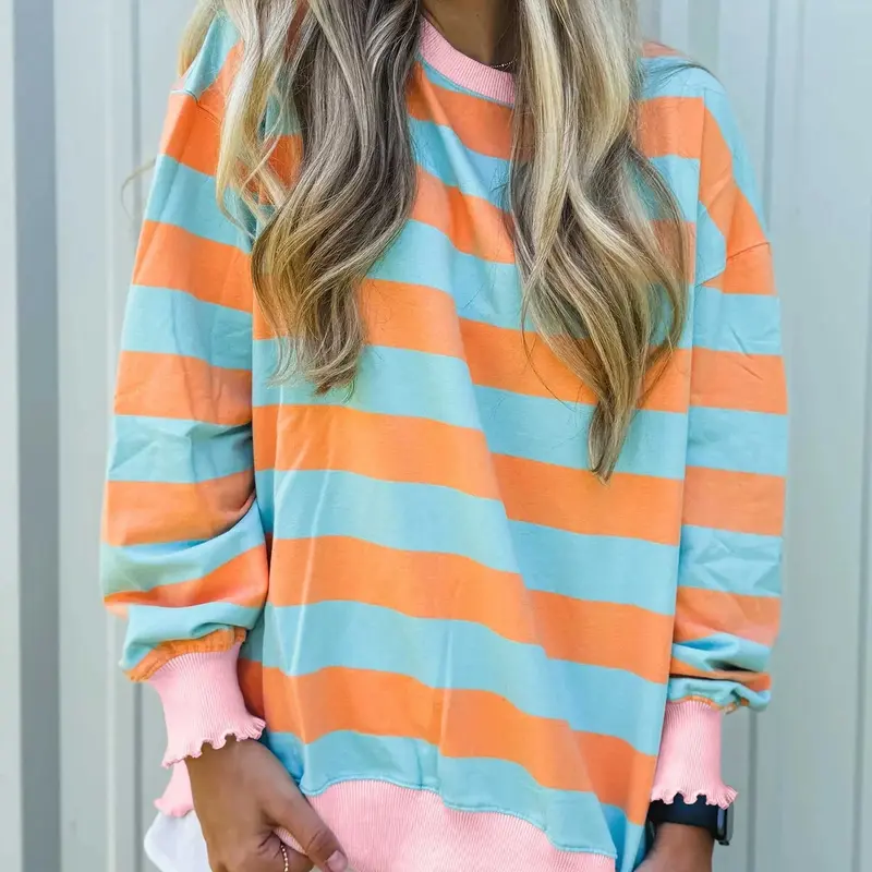 Women's Classic Crew Color-Block Striped Oversized Sweatshirt - Casual Long-Sleeve Pullover Clothing for Everyday & Weekend Wear, Sweatshirts for Women
