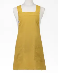 Mustard Linen Crossback Chore Apron Unisex Japanese Style Smock Breathable Baking Apron for Men and Women