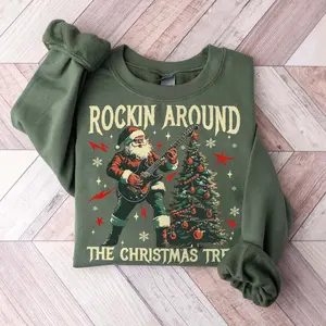 Rockin Around The Christmas Tree Sweatshirt, Retro Santa Rock Music Christmas Tree, Electric Guitar Christmas Shirt, Biker Christmas Sweater 2V5