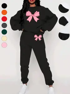 Trendy Fashion Women's Two-Piece Set with Fun Bow Print Fitted Knitted Sweatshirt, Cozy Autumn Winter for City Girls, Casual Wear Everyday, Outfit, Womenswear, Sportswear