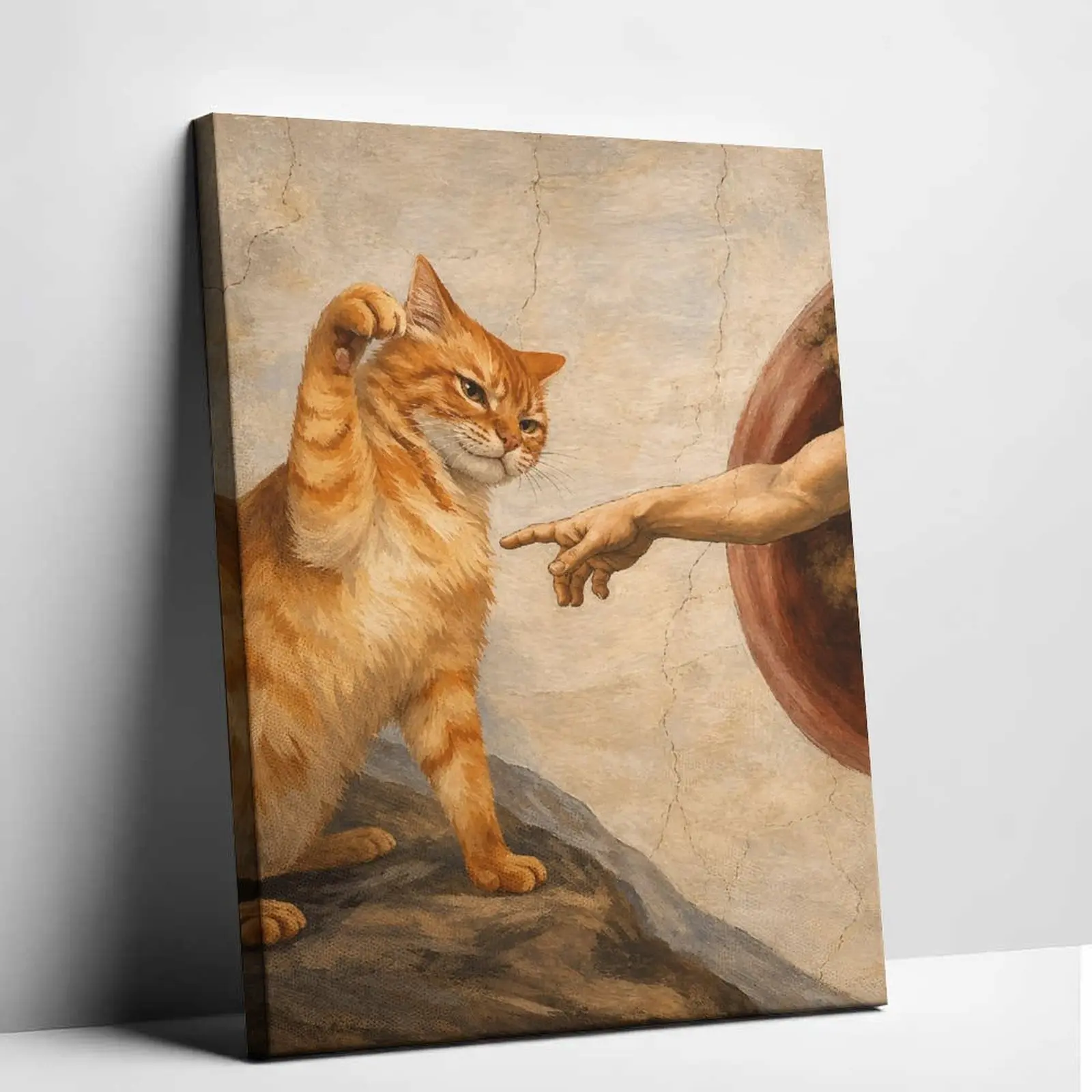 The Creation of Adam Cat Canvas Wall Art Funny Ginger Orange Tabby Cat Poster Print Renaissance Oil Painting Aesthetic Pet Lovers Graphic Picture Decor for Living Room Bedroom Studio