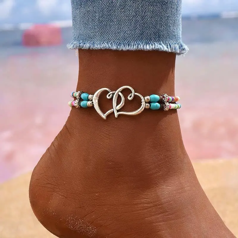 Women's 3-Piece Alloy-Coated Metal Anklet Set - Multi-Layered Boho Female Accessories, Double-Layer Beaded, Heart Charm - Ideal for Wedding, Beach Wedding, Sports & Outdoor Use