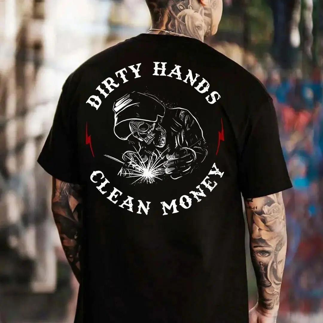 Welder "Dirty Hands Clean Money" Graphic Tee, Vintage Washed Oversized Streetwear, Heavyweight 100% Cotton, Breathable Loose Fit, Bold Welder Print, Perfect Everyday Wear for Proud Blue Collar Workers