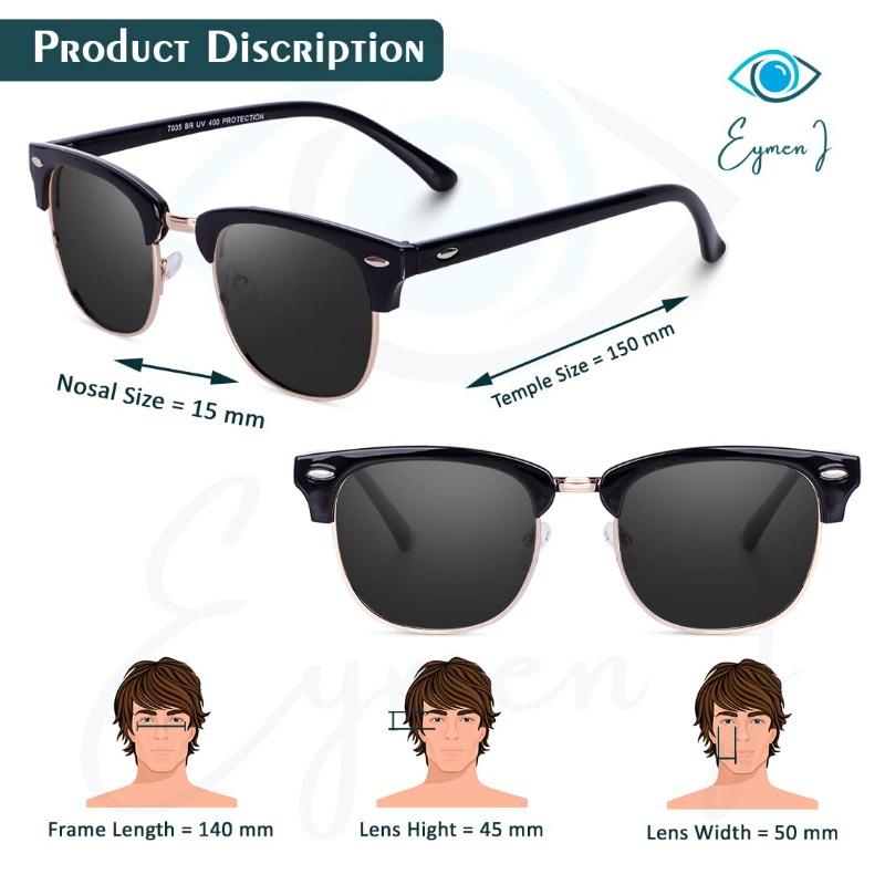 Semi-Rimless Classic Polarized UV400 Black Gold Frame Gradient Gray Sunglasses for Men Women Casual Driving