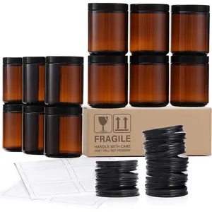 12 Pack, 8 OZ Thick Glass Jars with Lids, Dark Amber Candle Jars with 12 Metal & 12 Plastic Lids - Empty Round Food Storage Containers, Canning Jar For Spice, Powder, Liquid, Sample - Dishwasher Safe