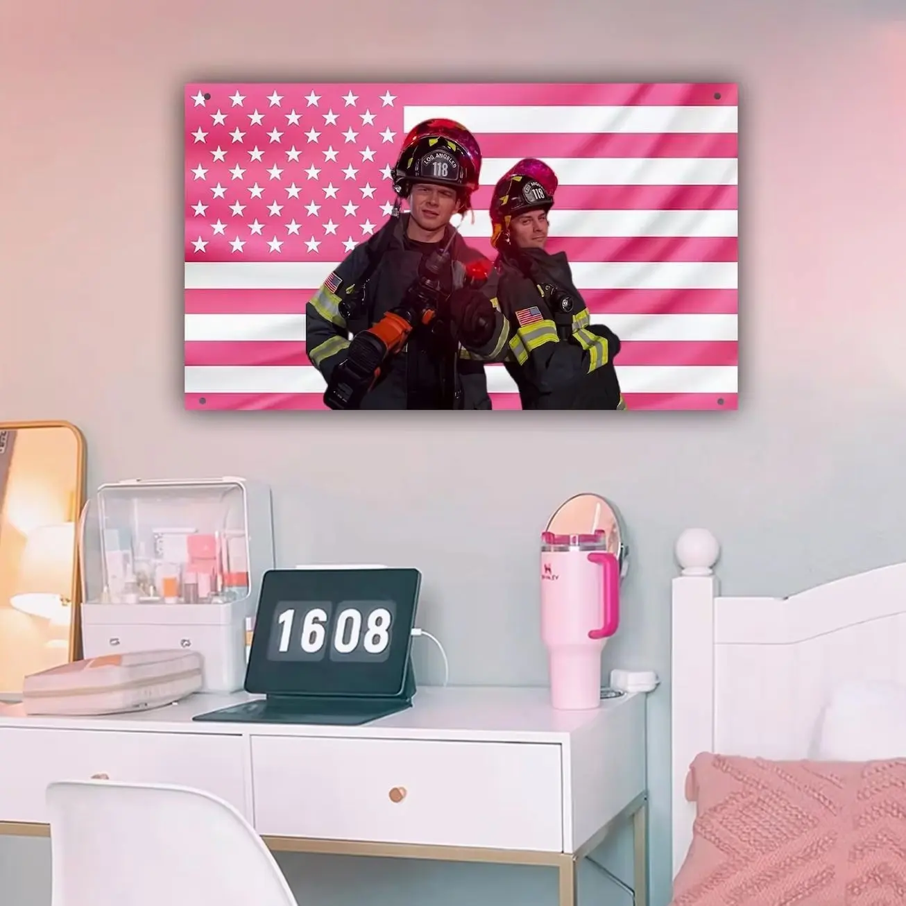 Evan Buckley & Eddie Diaz Pink American Flag, Firefighter Duo Aesthetic Pink American Flag, Hot Guy Wall Tapestry, Trendy Frat & Dorm Room Decor Gift