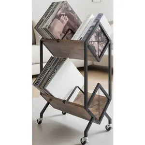 Retro LP Storage Shelf, 2-Tier Organizer with Dividers, 160-200 Record Capacity, Quick Assembly Design, Brown Wood & Matte Black Iron Frame, 11.14 x 17.72 x 31.3 Inches Rack Wooden Smooth Vinyl
