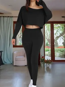 Women's Two-Piece Set, Casual Long Sleeve Top and High Waist Pants, All Seasons, Fashionable and Versatile, Perfect for Sports and Commuting