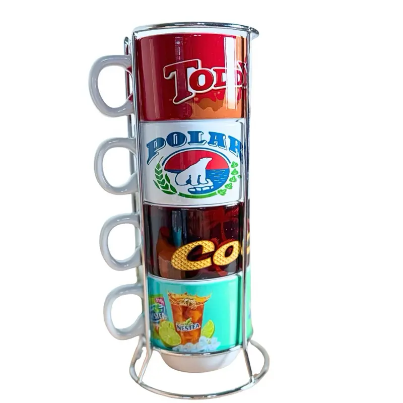 Personalized Venezuelan Nostalgia Espresso Mug Set | 4 Ceramic Mugs with Metal Display Rack
