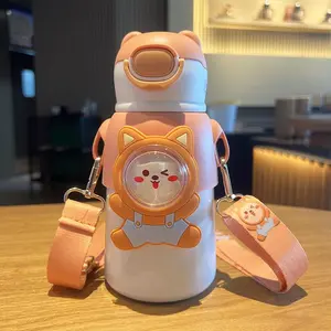 17.58oz Cartoon Animal Vacuum Insulated Cup, School Straw Water Bottle, Portable Stainless Steel Anti-Drop Mug, Travel Accessory, Birthday Gift
