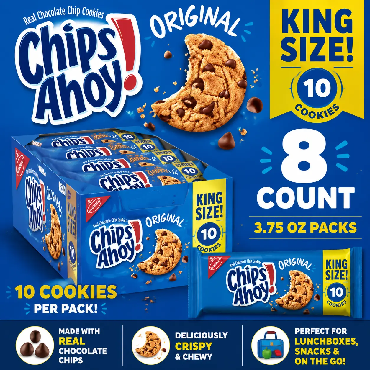 Chips Ahoy! Original Chocolate Chip Cookies King Size 3.75 oz 8 Count  Crunchy Chocolate Chip Cookies | Classic Snack Packs for Sharing