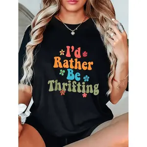 Colorful Thrifting Text Graphic Plus Size Women's T Shirt with Small Flower Accents and Casual Fit for Thrift Enthusiasts