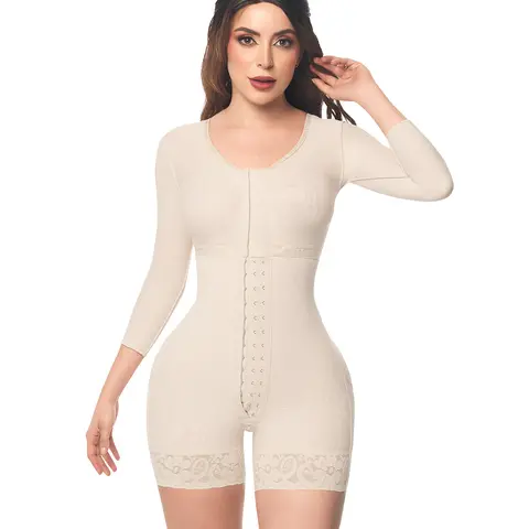 Mid Thigh Bodysuit With Bra • Long Sleeves • 3 Compression Hook Levels • Perineal Zipper • Beige (O-093)