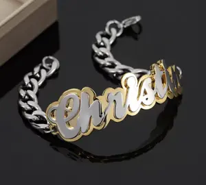 Custom Name Bracelet Double Plated Hip Hop Chain in Stainless Steel Personalized Gift for Men Women Christmas Valentine's Day Mixed Texture Cuff Jewelry Design