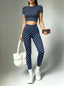 Women's 2 Piece Polka Dot Workout, Short Sleeve Crop Top + High Waist Leggings, Slim Fit Yoga Gym Loungewear, Casual Streetwear Set, Yoga Gym Outfits