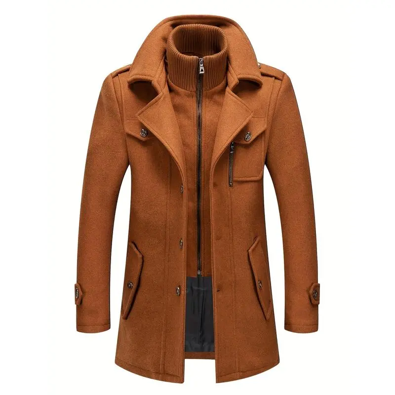 Men's Solid Wool Blend Pea Coat, Long Loose-Fitting Single Breasted Overcoat with Removable Inner Collar - Black, Navy Blue, Burgundy