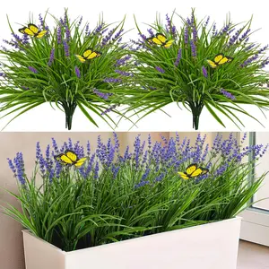 8 Bundles Outdoor Artificial Flowers with Butterfly Wings, UV-Resistant Lavender and Bushes, Garden Decor, Hanging Pots, Window Frames