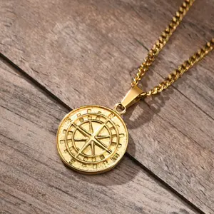 Gold Color Mens Compass Necklaces,Vintage Viking North Star Anchor Medal,Stainless Steel Pendant for Male Boyfriend Dad Gift 50cm
