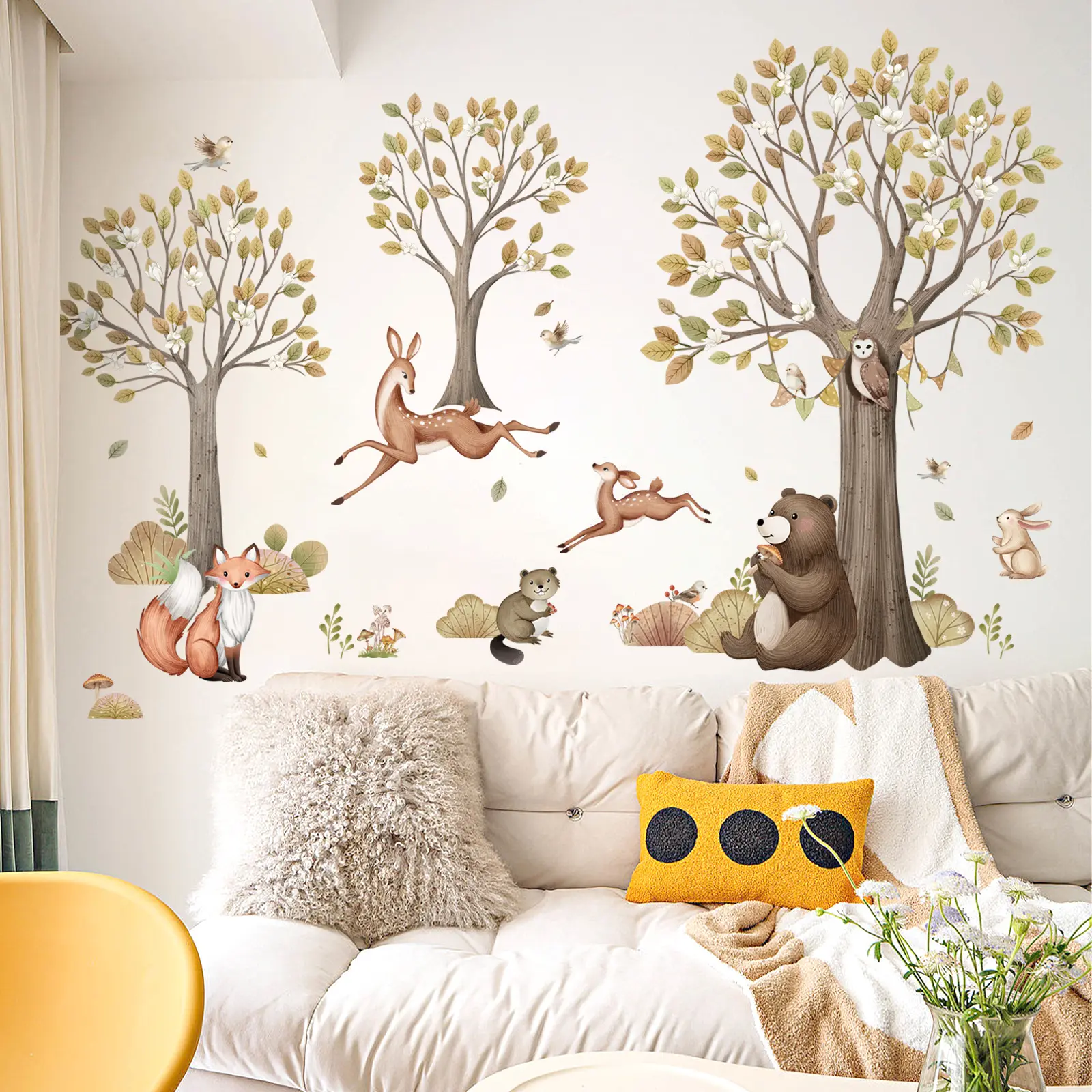 A set (30*90cm*3pcs) of big tree, fox, bear and fawn wall stickers Decorative Decal for beautifying home, living room, entrance, corridor and bedroom decoration background wall stickers MG11012 Art stickers